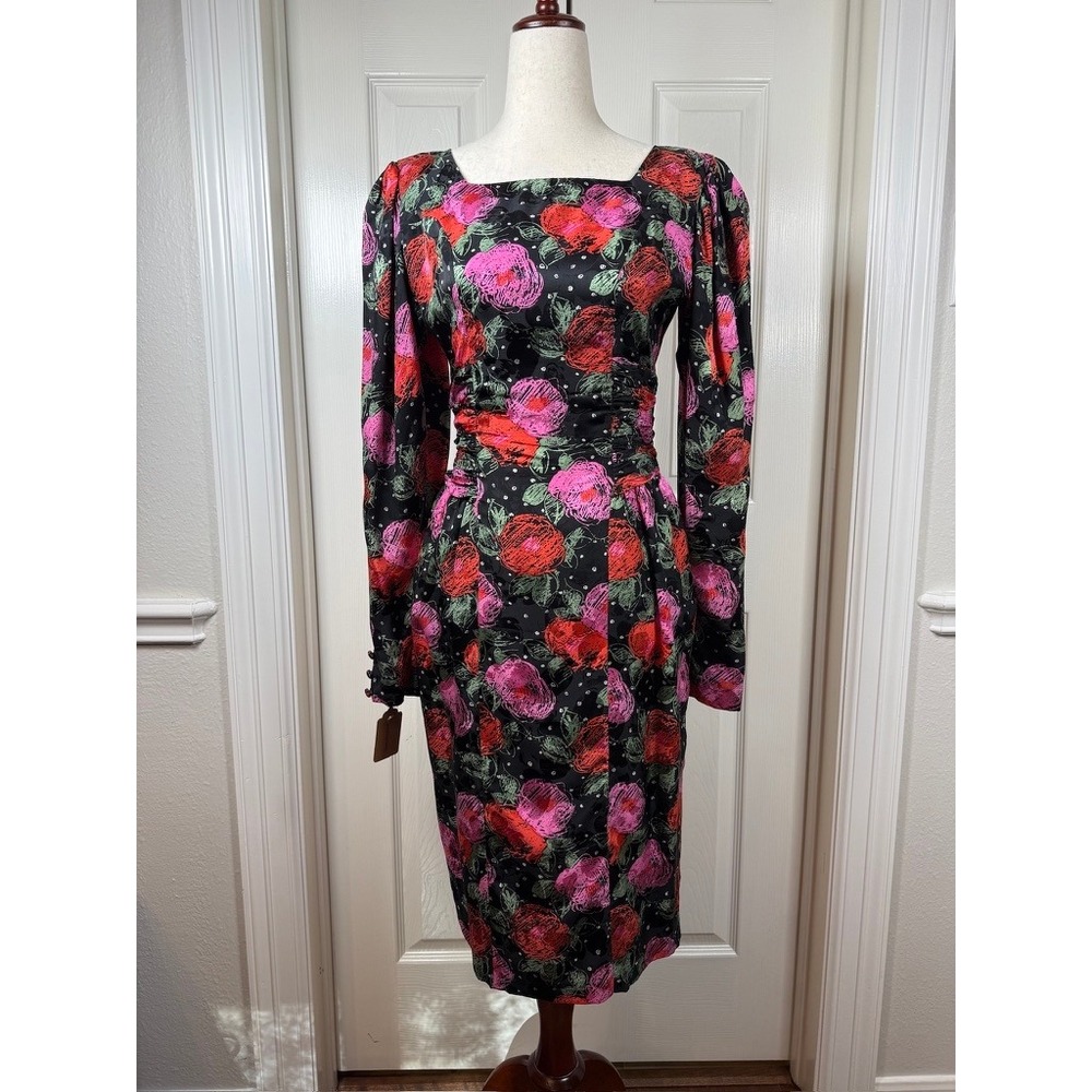 Courtenay Vintage 90s Black Silk Floral Rose Dress Rosette Ruched Midi Size 6